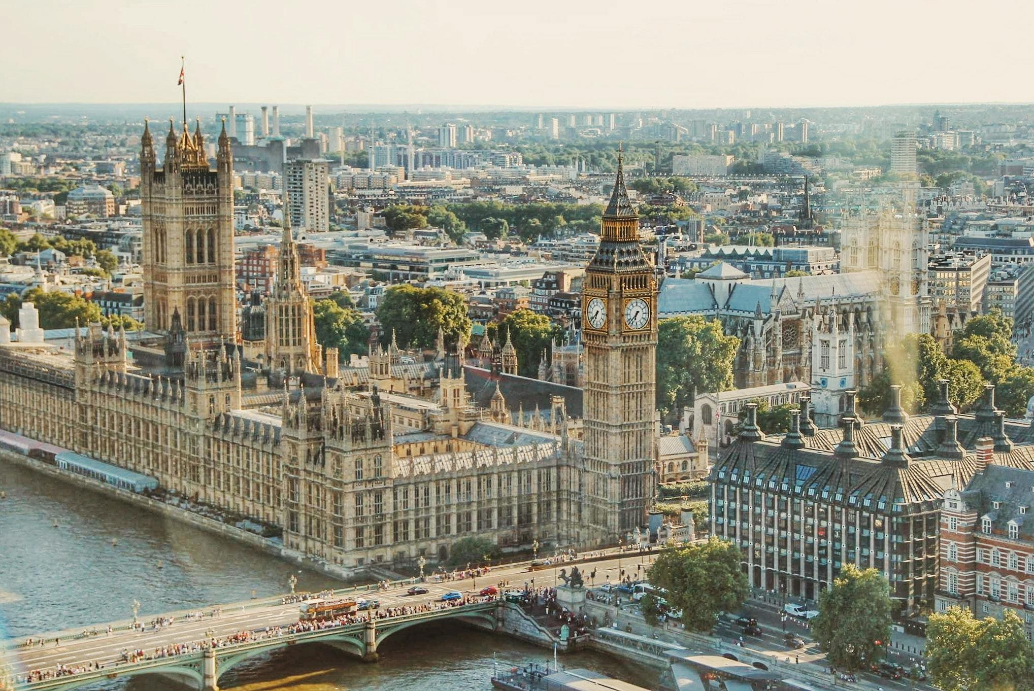 London skyline featuring the Thames, Big Ben, and the London Eye